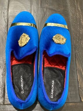 Elanroman Men's Velvet Slip-On Loafers in Royal Blue with Gold Emblems Size 45